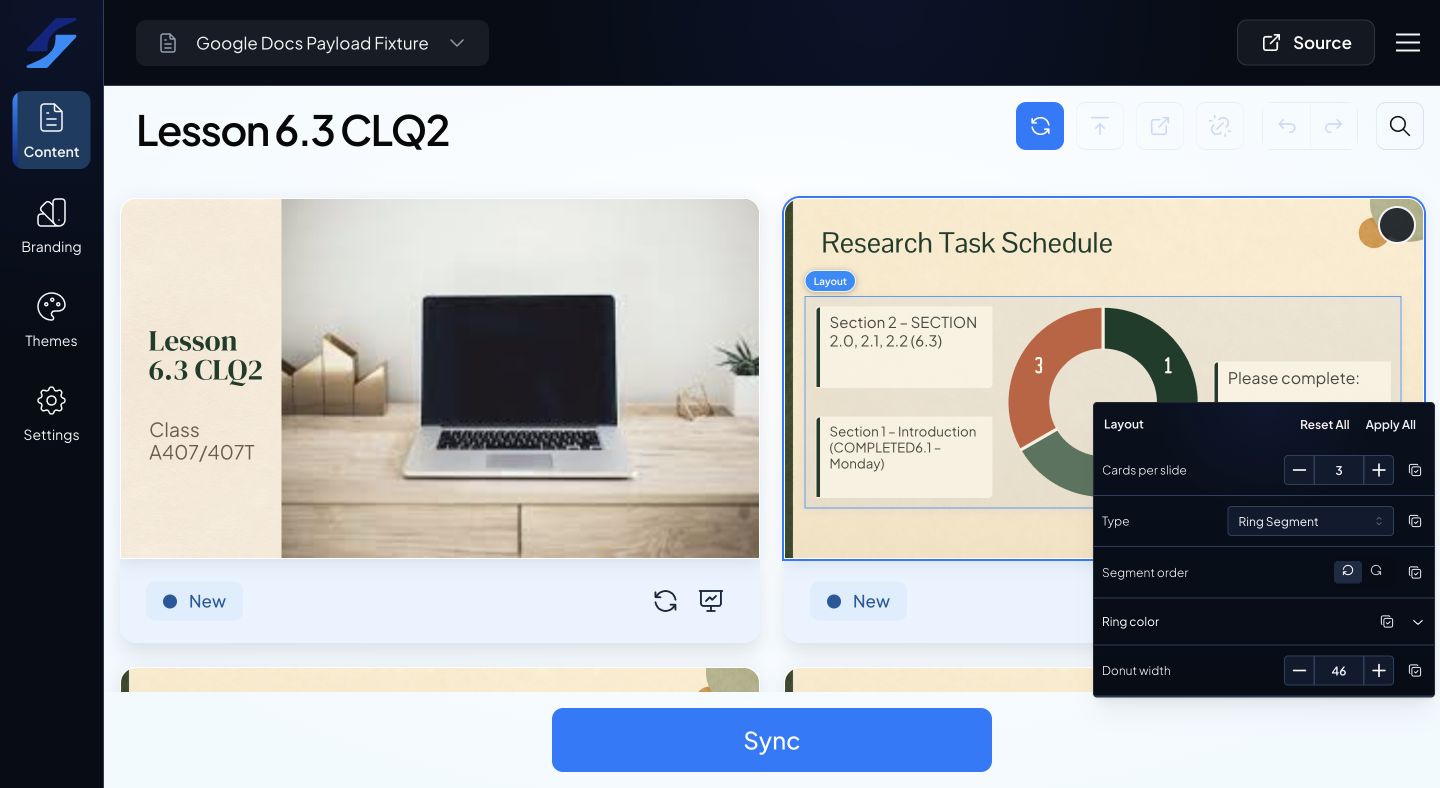 Layout controls for cards per slide, layout type, ring segment order, color, and width.