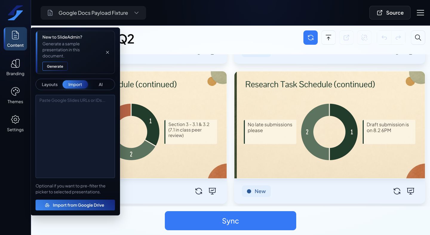 Import panel with the optional URL or ID pre-filter and Import from Google Drive action.