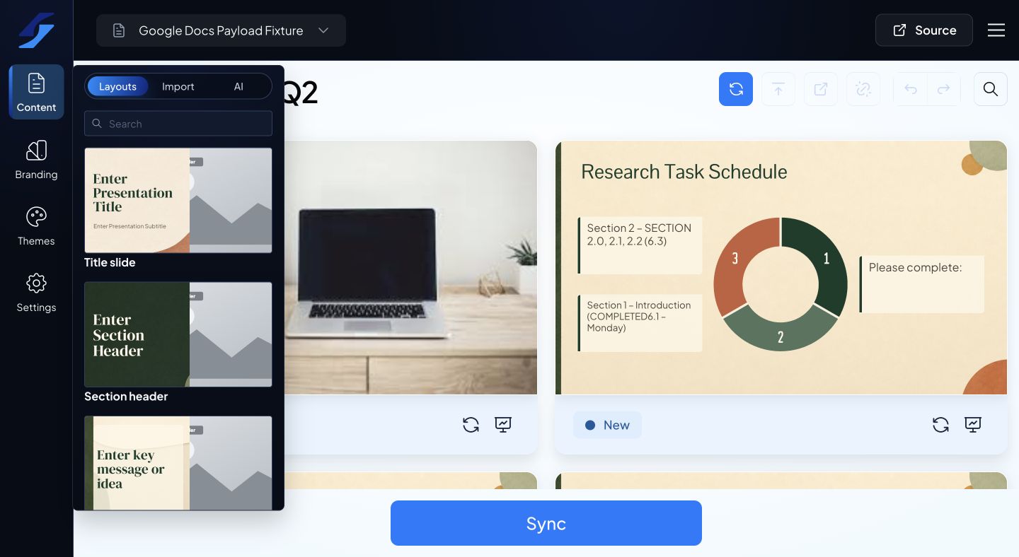 Content → Layouts showing the search field and layout previews.