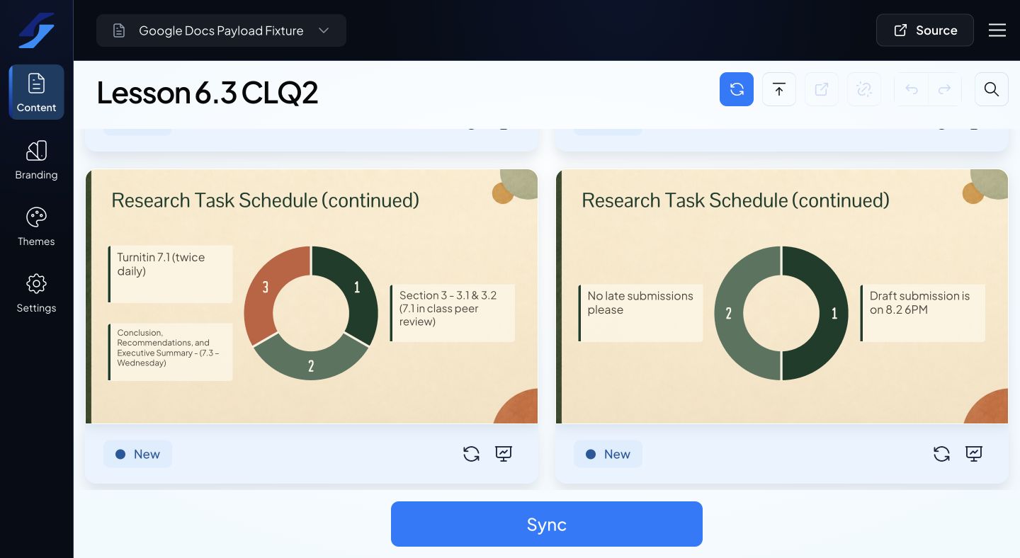 Editor overview with Content, Branding, Themes, Settings, source link, and slide previews.
