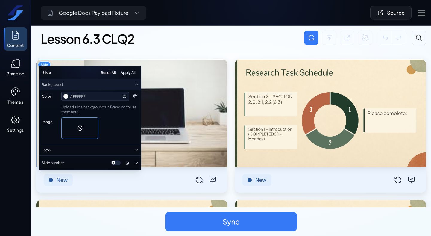 Slide background color and image controls; the empty library prompts you to upload assets in Branding.
