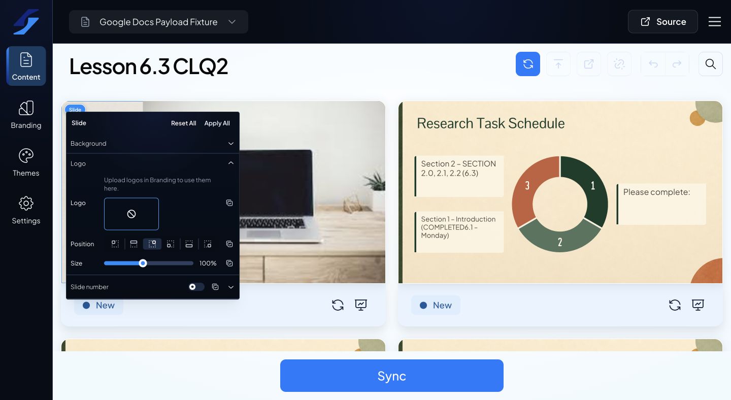 Slide logo position and size controls, with the slide number toggle below. Upload logos in Branding to populate the library.
