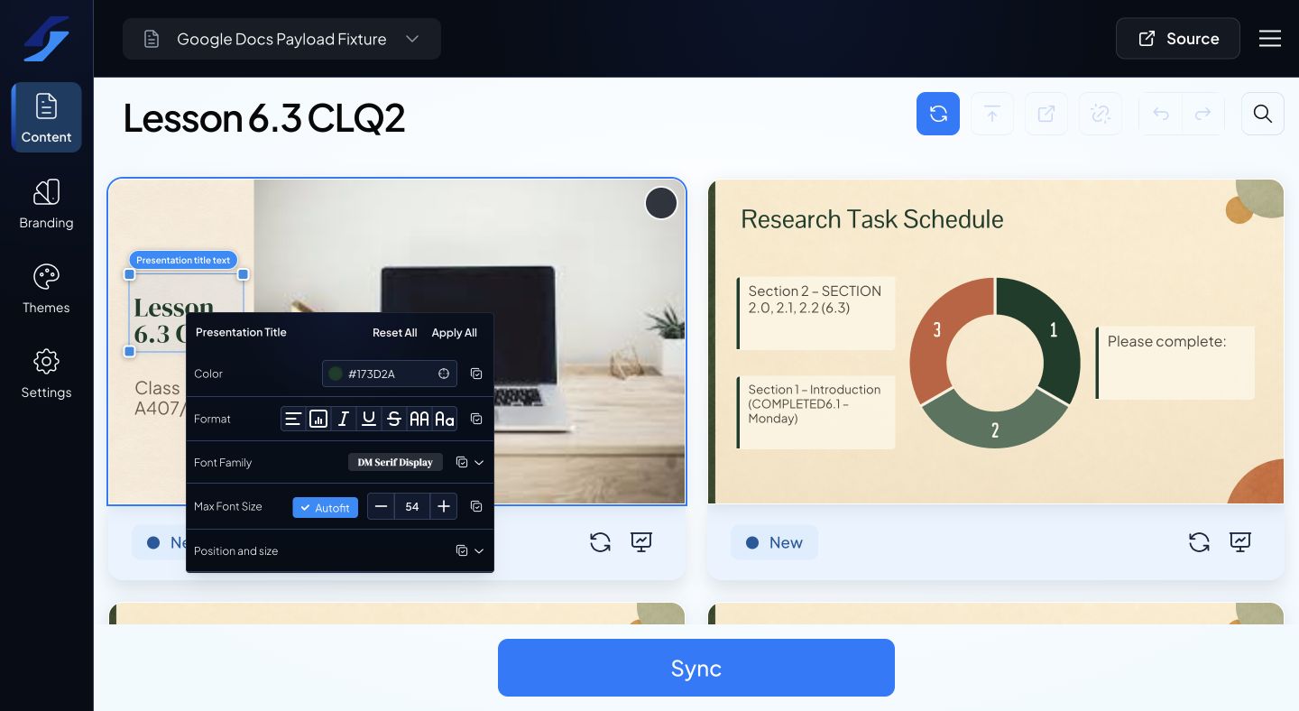 Selected presentation title and its contextual styling menu.